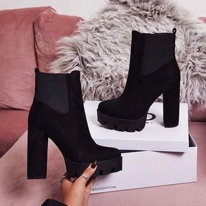 EGO Atlas Platform Biker Boots - Black Faux Suede